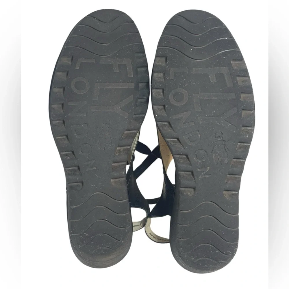 FLY London Ylfa Black Lace-Up Leather Wedge Sandals Women’s Size EUR 39 US 8-8.5